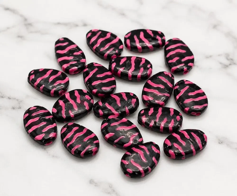 Lot of 18 Flat Oval Black & Pink Zebra Print Beads for Jewelry Making